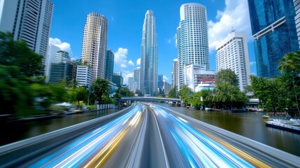 Obraz premium Fast Traffic Through Urban Cityscape With Canal And High Rise Buildings