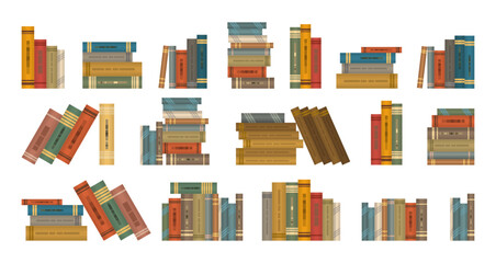 Seventeen combinations of books of different formats and with different covers. Book collections for shelves and cabinets. Vector set