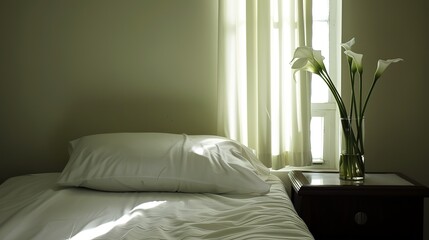 Serene hospital room with single bed, soft sunlight through window, and fresh flowers on bedside table, symbolizing care and recovery. Peaceful and healing environment concept