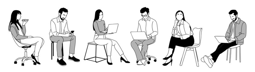 Business people sitting, taking part in meeting, business event. Set of Different female, male characters with laptop, smart phone. Collection of vector line drawings isolated