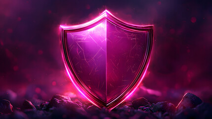 Fototapeta premium glowing pink shield stands amidst dark, rocky landscape, symbolizing protection and strength. vibrant colors and futuristic design evoke sense of security and resilience