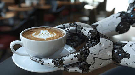 robotic assistant serves beautifully crafted latte in modern smart cafe, showcasing advanced technology and design