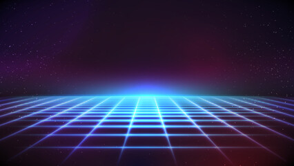Synthwave Background. 80s Backdrop. Blue neon perspective grid on dark starry sky. Retro Futuristic party flyer, banner, poster template. Sci-fi stock vector illustration