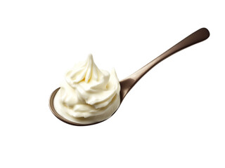 sour cream in spoon, mayonnaise, yogurt, isolated on white background, full depth of field