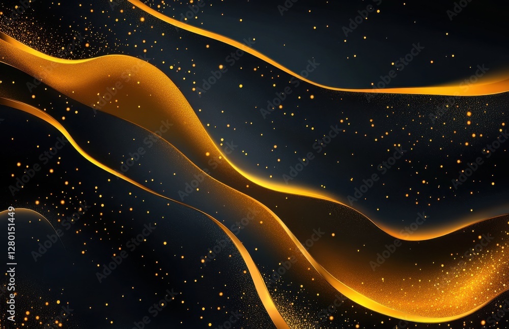 Poster elegant golden waves on a dark background with shimmering particles creating a luxurious and dynamic