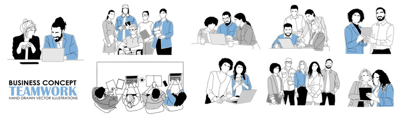 Team work business concept illustrations. Set of illustrations of men and women in working together. Modern vector simple outline drawing for graphic and web design. Isolated 