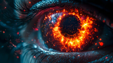 close up of human eye with fiery, digital effect in iris, symbolizing technology and innovation. vibrant colors and intricate details create futuristic and intense atmosphere