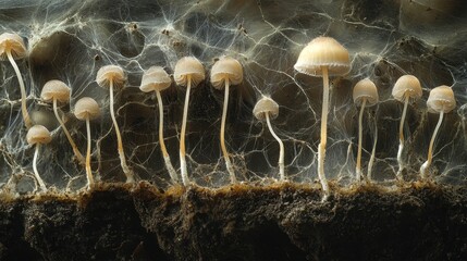 Delicate Mushrooms Growing on Forest Floor with Mycelium Network