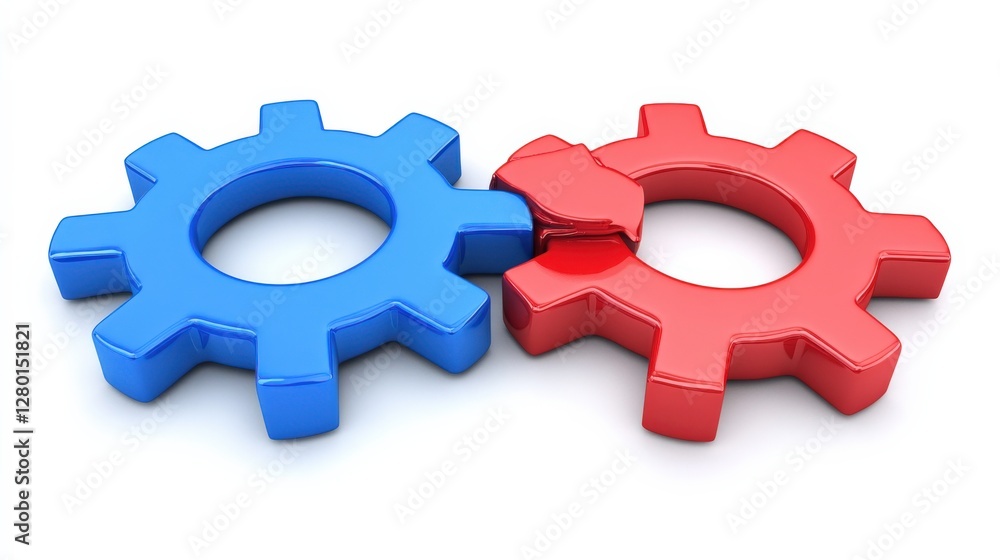 Poster interlocking blue and red gears symbolizing teamwork and collaboration in a creative workspace