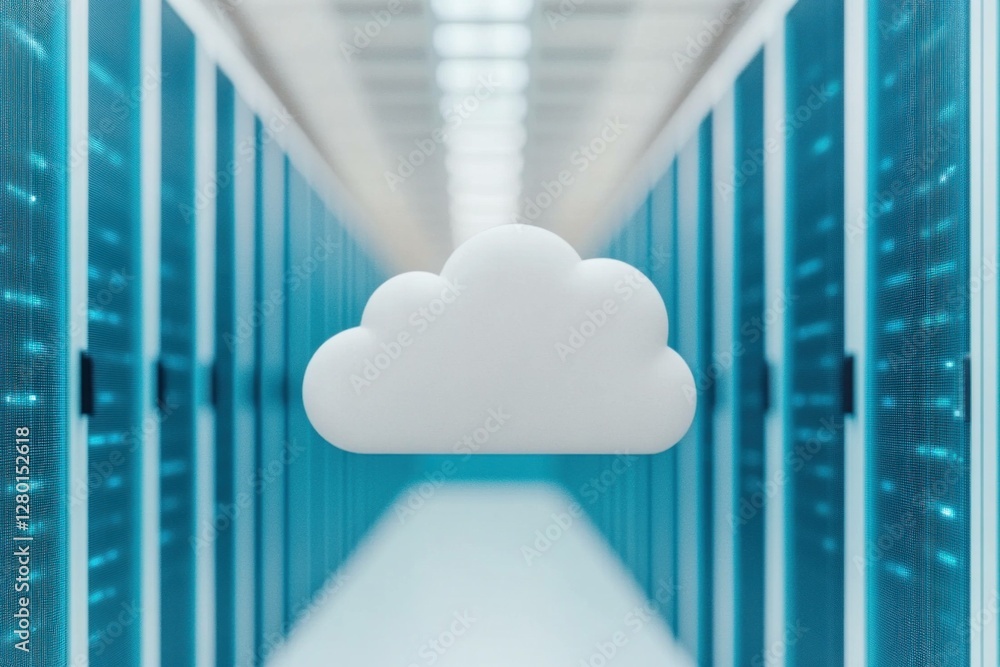 Poster a stylized cloud icon floating in a modern data center with blue lighting, symbolizing cloud computi