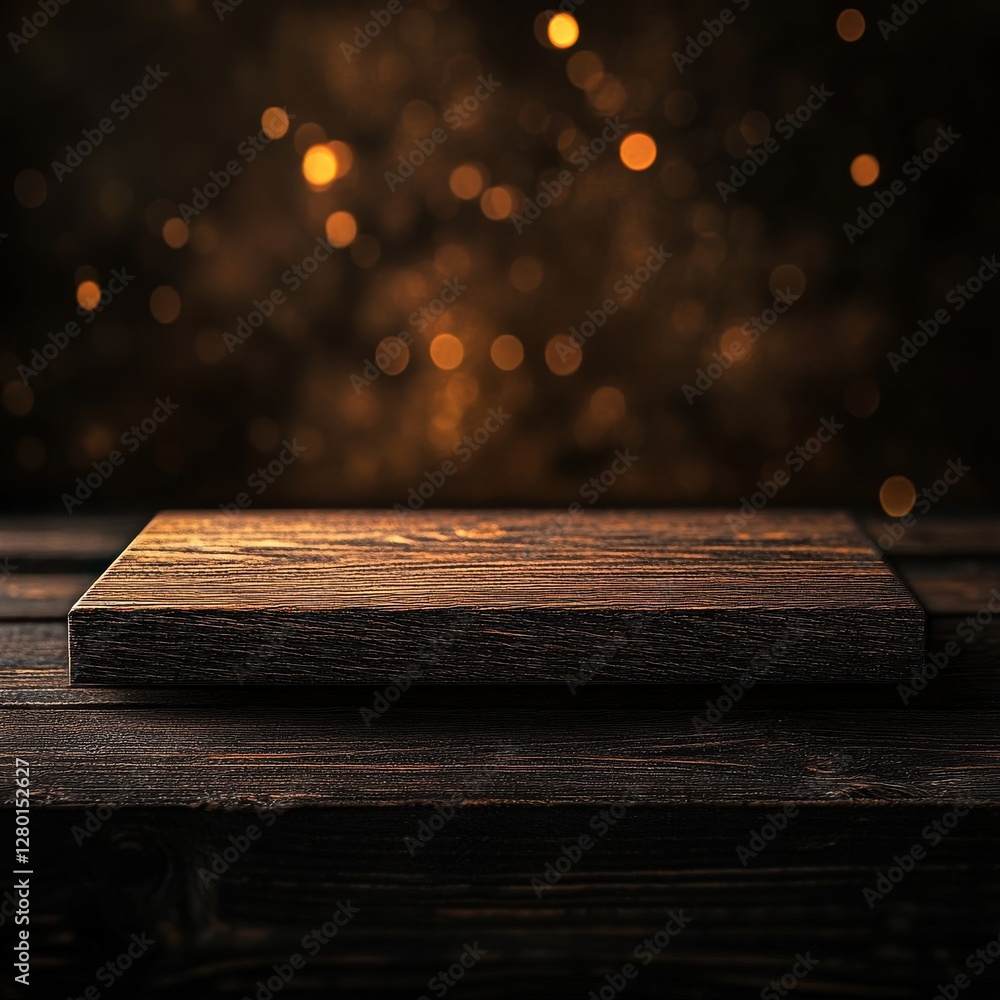 Poster elegant wooden surface with soft golden bokeh lights in the background creating a warm and inviting 