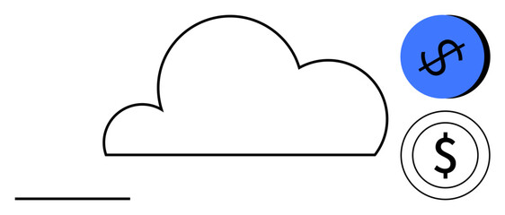 Cloud outline with black dollar coin and blue dollar sign circle. Ideal for technology, finance, innovation, cloud services, digital economy, online transactions, economics. Abstract line flat