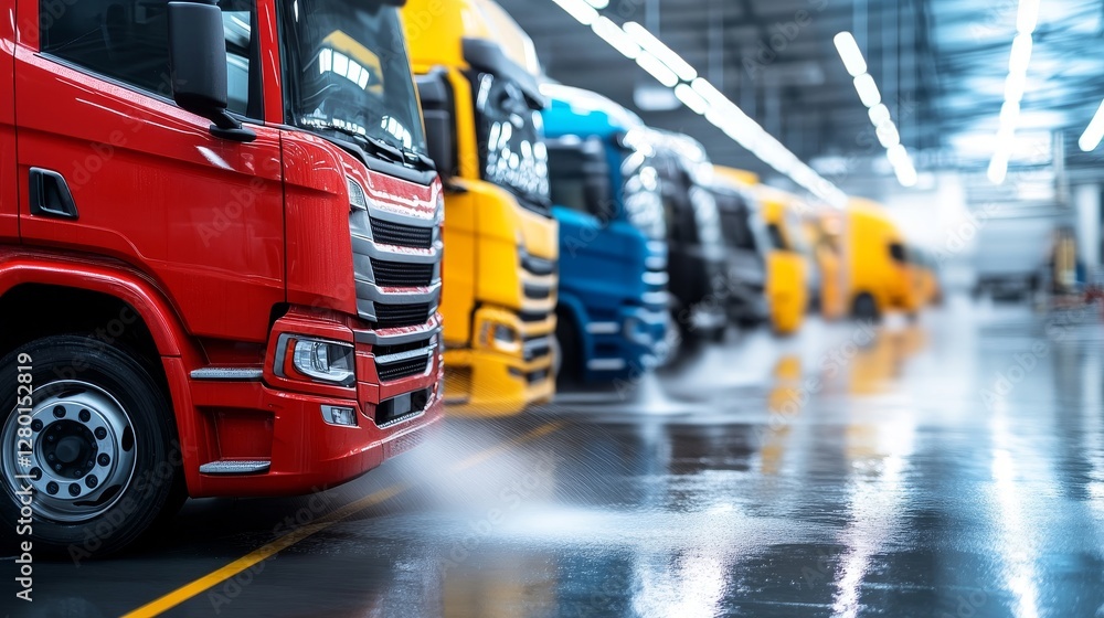 Poster Lineup of Colorful Trucks in a Workshop with Reflections on Floor