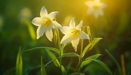 Obraz premium Sunlight on Two White Flowers in Meadow