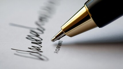 Fototapeta premium Close-up of a luxurious pen writing on smooth paper, showcasing elegant handwriting in a serene setting