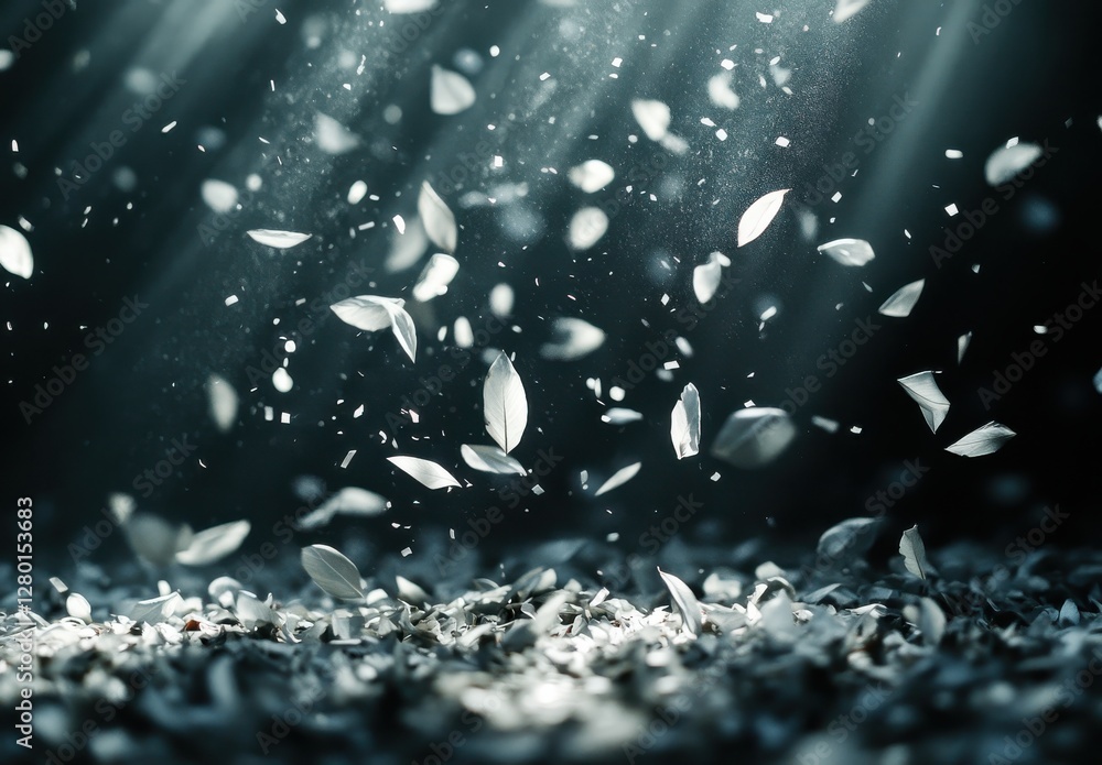 Poster ethereal atmosphere with floating petals and sunlight creating a dreamy visual effect in soft focus