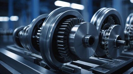 Fototapeta premium A close-up of interlocking metal gears in a high-tech factory, illuminated by cool blue industrial lighting. The gears are in motion, showcasing precision engineering and smooth mechanical synchroniza