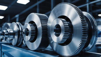 A close-up of interlocking metal gears in a high-tech factory, illuminated by cool blue industrial lighting. The gears are in motion, showcasing precision engineering and smooth mechanical synchroniza