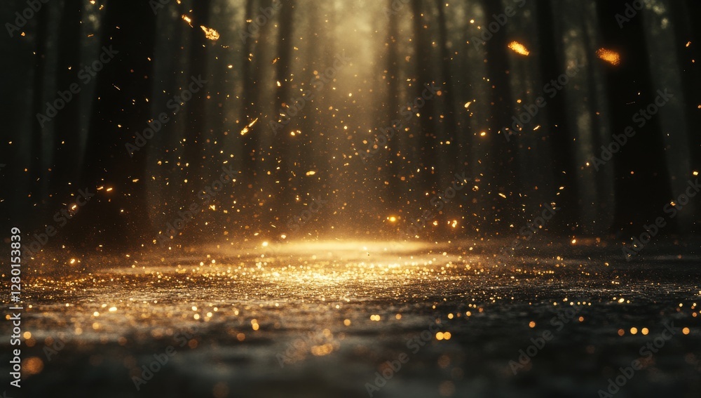 Poster ethereal forest scene with glittering particles and soft light creating a magical atmosphere in an e