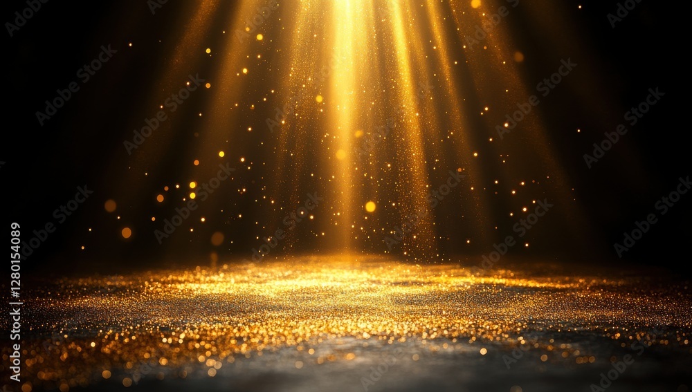 Poster ethereal golden light shining through darkness creating a magical atmosphere with sparkling particle