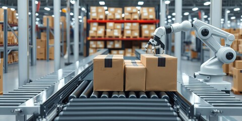 Robotic arm sorting packages in automated warehouse facility with conveyor belt, efficiency, robotic arm