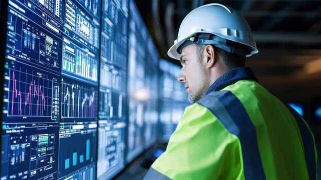 An energy inspector supervising a smart grid control room, reviewing performance charts and data points.