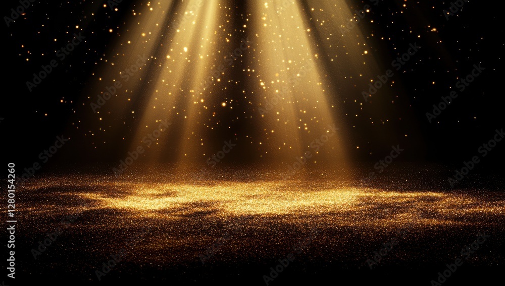 Poster ethereal light beams illuminating golden particles in a dark setting, creating a magical and shimmer