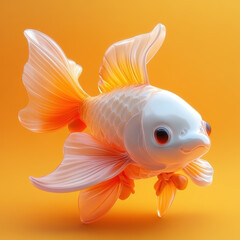 Fototapeta premium vibrant orange and white fish with flowing fins swims gracefully against bright yellow background, showcasing its playful and lively nature