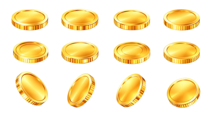 3d gold coin, realistic view, different angle, transparent png file
