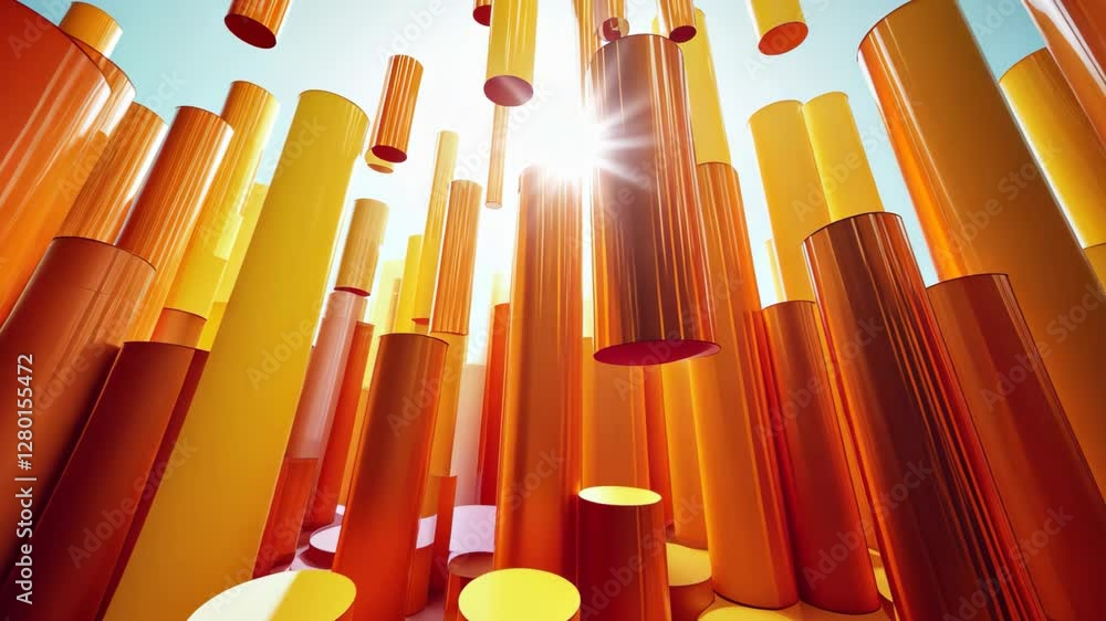 Poster vibrant abstract animated motion graphic background with dynamic cylindrical elements in warm tones,