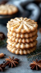 Stacked cookies, holiday spices, kitchen table
