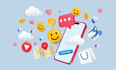 Online shopping 3D Illustration, online shop, online payment and delivery concept with floating elements. sale banner, gift box, discount, social advertising. 3D Vector Illustration.