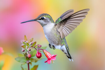 Fototapeta premium A tiny, iridescent hummingbird hovering mid-air with its wings a delicate blur of motion