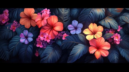 Vibrant tropical flowers and leaves, lush background, decorative design, digital art, for wallpaper or website background