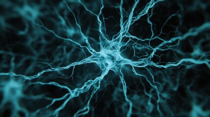 A vibrant, abstract depiction of neural connections, showcasing intricate patterns and luminous blue hues against a dark background.