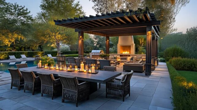 An outdoor dining area with a large table, comfortable seating, and ambient lighting perfect for entertaining