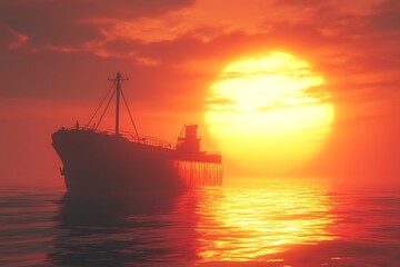 Fototapeta premium Silhouette tanker ship at fiery sunset