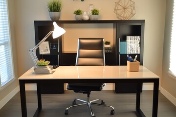 Spacious Desk with a Sleek Desk Lamp in a Modern Office.