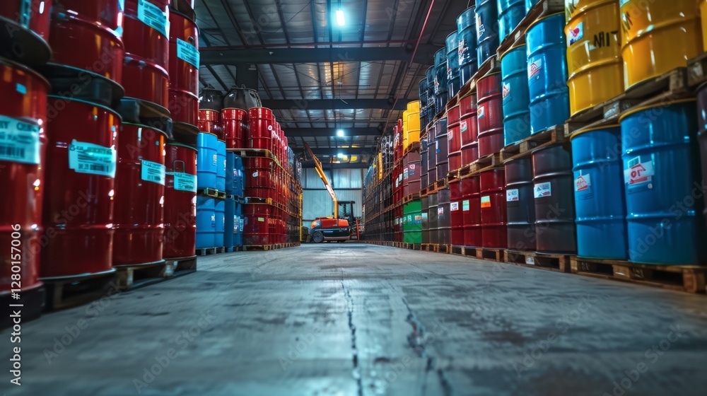 Poster rows of brightly colored barrels in a warehouse form a striking visual as they line the aisle, showc