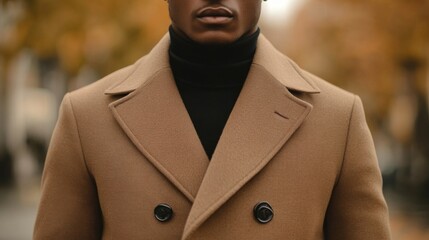 Young adult male in stylish camel coat and black turtleneck in autumn setting