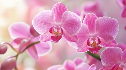 Obraz premium Vibrant pink orchids blossom amidst soft bokeh background