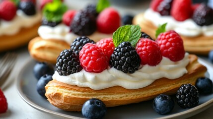 Delicious pastries topped with fresh raspberries blackberries and whipped cream