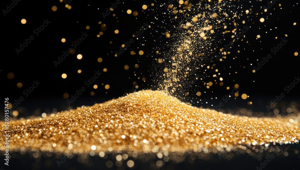 Poster fine golden particles shimmering in the light, forming a mound against a dark background with blurre