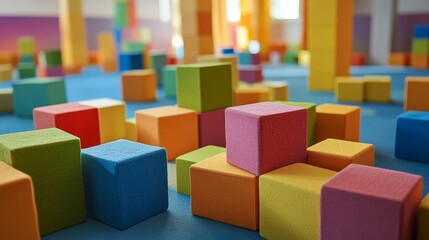 Children's educational play with colorful blocks, creating a joyful and active classroom environment