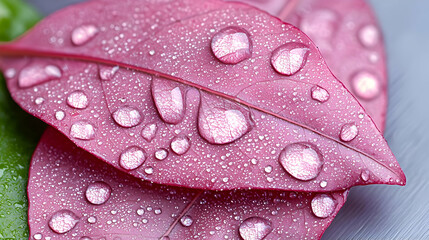 Dewdrops on red leaves, close-up, nature background, for spa promotions