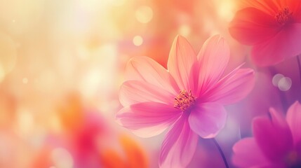 Vibrant pink flowers in a warm, dreamy sunset glow