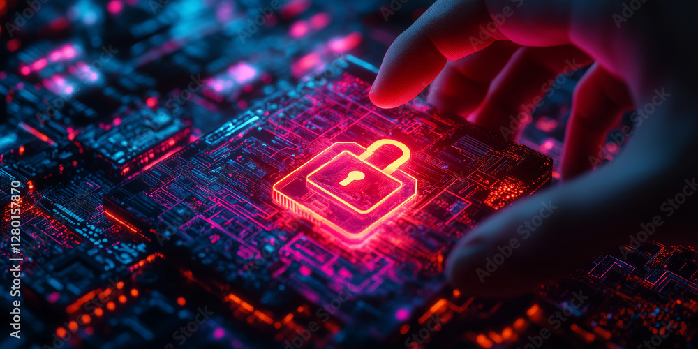Poster hand touching glowing padlock icon on digital surface. use for cybersecurity blogs, technology websi