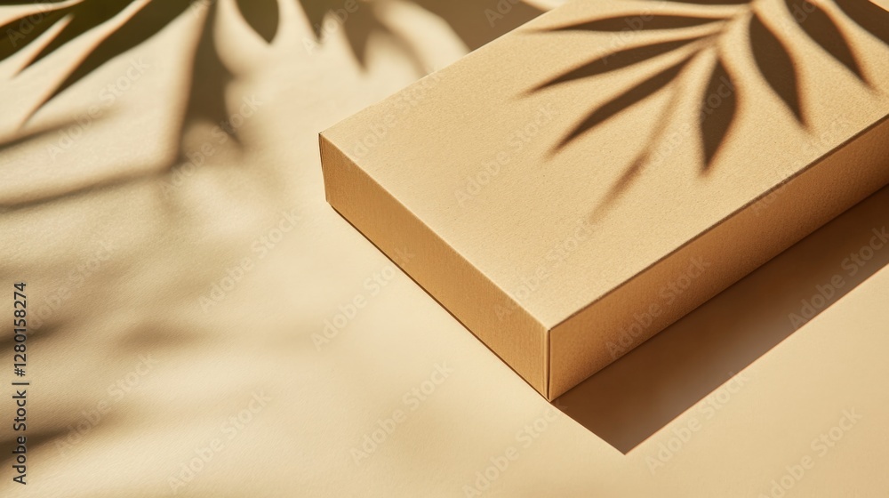 Poster minimalistic beige box casting soft shadows on a textured surface with plant shadows