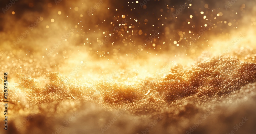 Poster glimmering gold dust in the air with radiant light enhancing the sparkling texture and elegant warmt