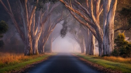 Misty tree-lined road at dawn with sunlit eucalyptus trees in serene forest